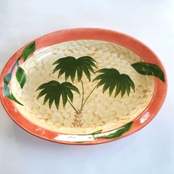 GATES WARE TROPICAL PALM TREE OVAL SERVING PLATTER GREEN BEIGE CORAL CERAMIC - Picture 1 of 9